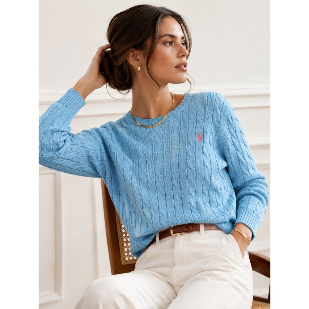 Polo Ralph Lauren Women's XL Baby Blue Cable Knit Cotton Crewneck Sweater